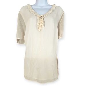 Rena Lange cream silk ruffle tie front peasant blouse top Womens 16